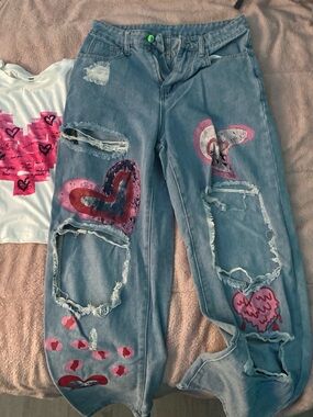 Kids Distressed Denim Matching Set - Pink Heart Accent